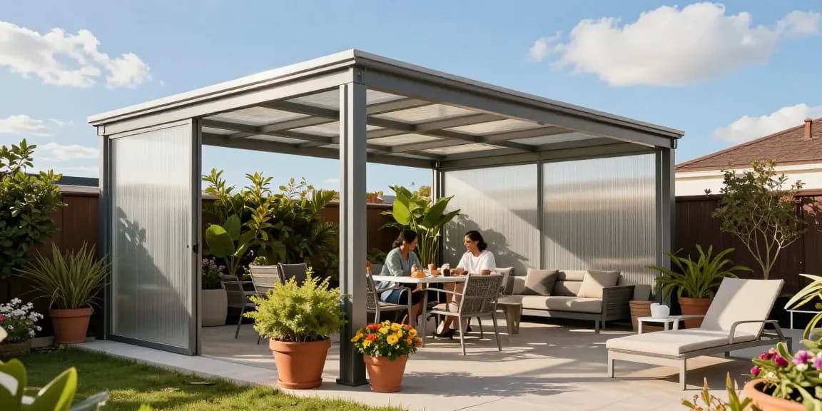 Moderne freistehende Terrassenüberdachung in einem Garten mit stilvollem Design und gemütlichem Ambiente.