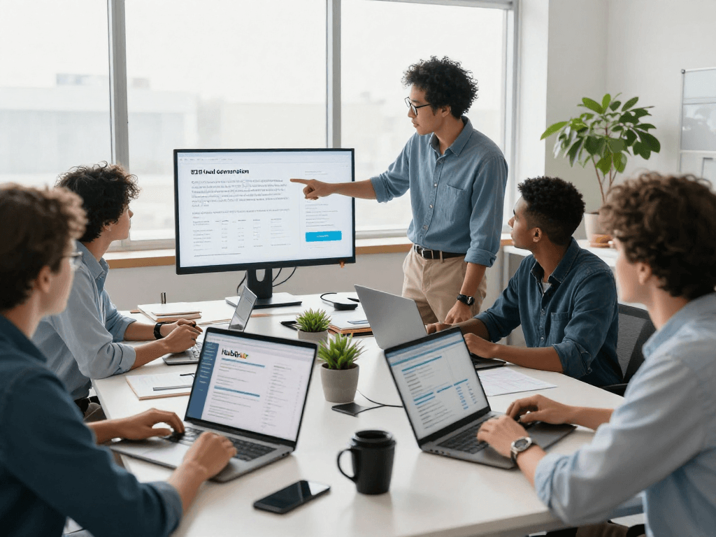 Team in a modern office collaborating on HubSpot tracking strategies while ensuring GDPR compliance for B2B leads in 2026.