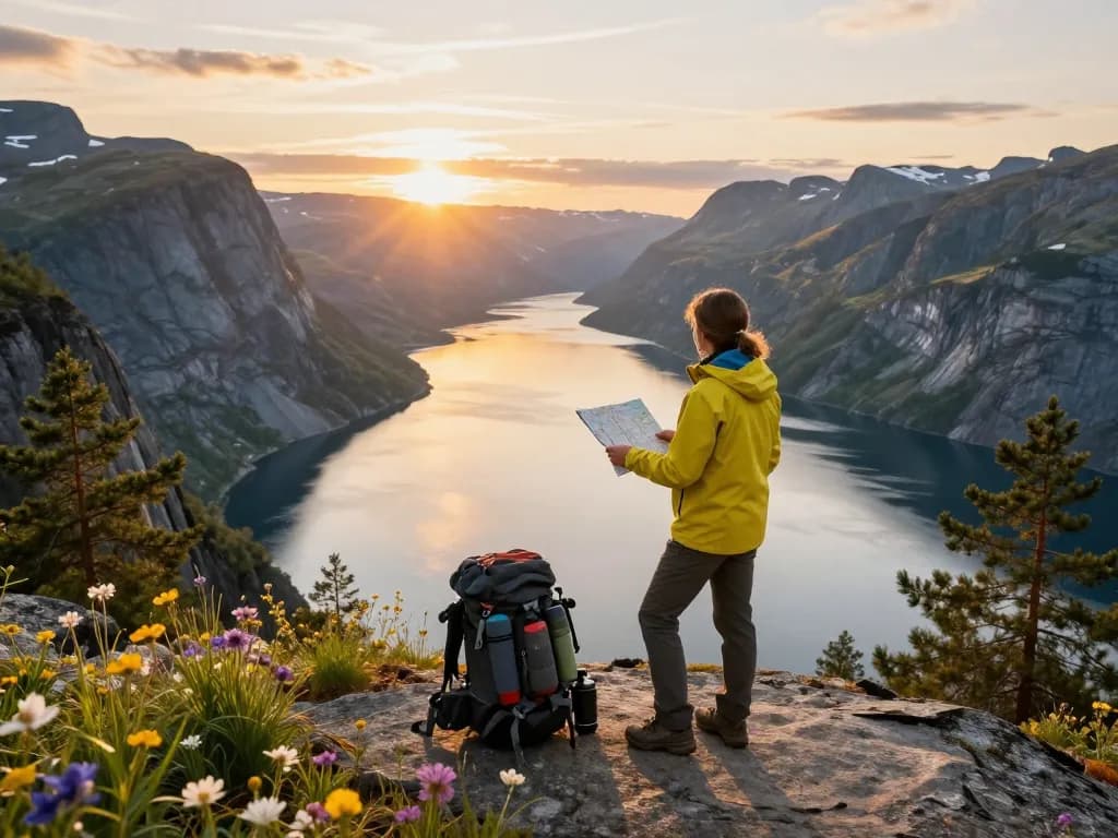 Beeindruckender Fjordblick in Norwegen mit einem Reisenden, der während seines Urlaubs in Skandinavien erkundet.