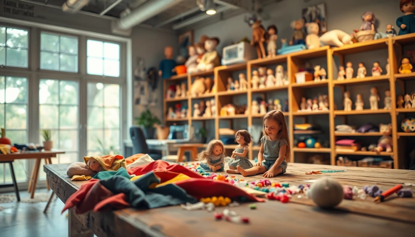Gestalten von einzigartigen Gutdolls in einem kreativen Studio mit bunten Materialien.