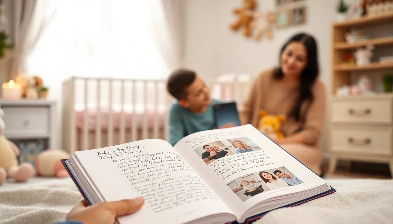 Baby Tagebuch zeigt liebevoll gestaltete Seiten mit Erinnerungen für die Familie.