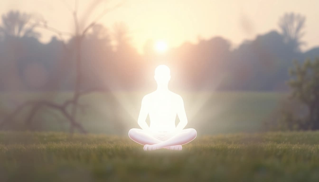 Bei engelarbeit lernen meditiert eine Person in friedlicher Natur und umgeben von sanftem Licht.