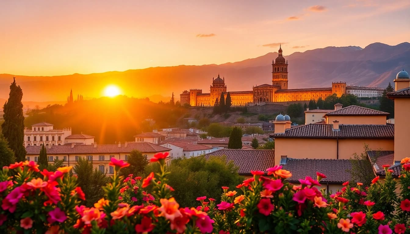 Erleben Sie die schöne Aussicht auf Granada und die Alhambra im Sonnenuntergang.