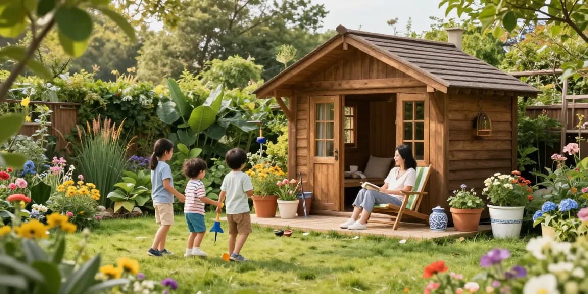 Das Garten Haus von McGarden24 im Grünen, umgeben von Blumen und glücklichen Familien.