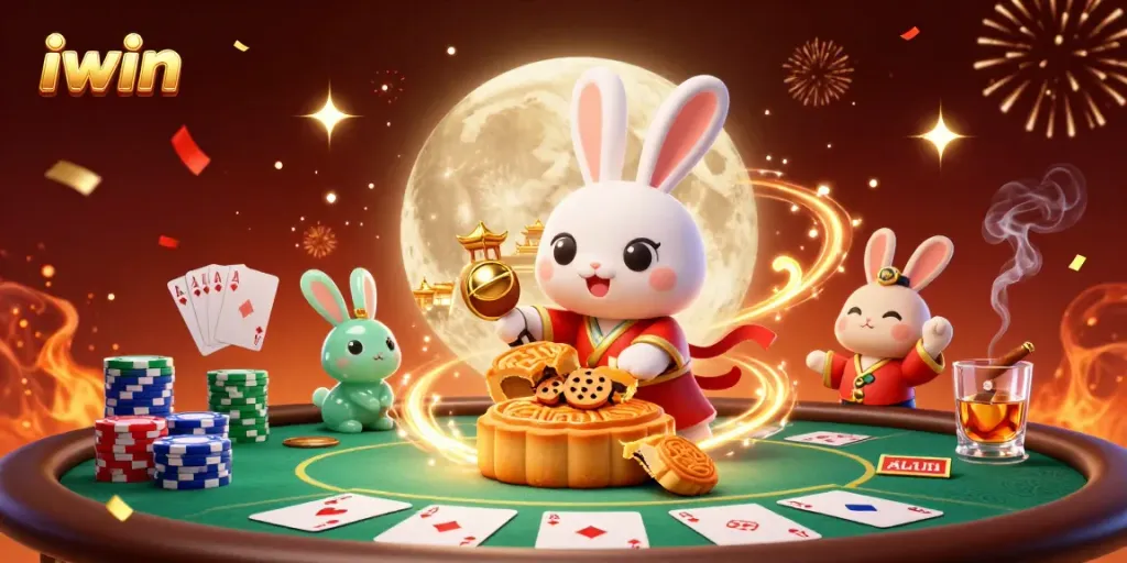 Win at iwin with vibrant casino-themed 3D illustration featuring poker elements and festive ambiance.