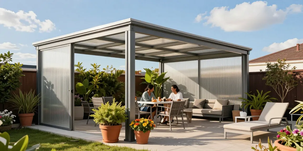 Moderne freistehende Terrassenüberdachung in einem Garten mit stilvollem Design und gemütlichem Ambiente.