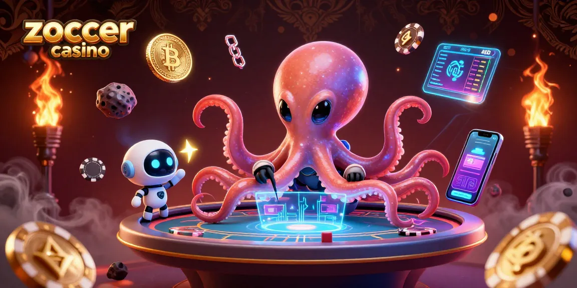 Experience thrilling action at zoccer casino with a cartoon alien octopus and crypto elements.