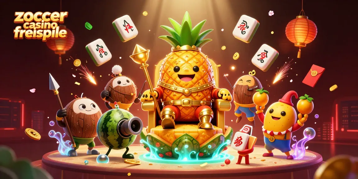 Erlebe die aufregenden Zoccer Casino Freispiele in dieser lebhaften Illustration mit einem goldenen Ananas-König.