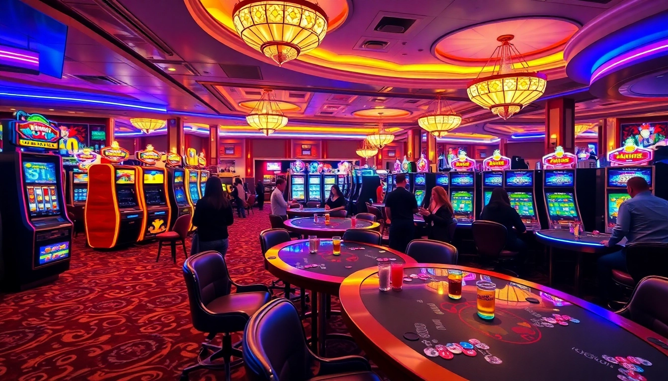 Gewinne beim Spielen auf casinospiele.de in einem stilvollen Casino mit leuchtenden Spielautomaten.
