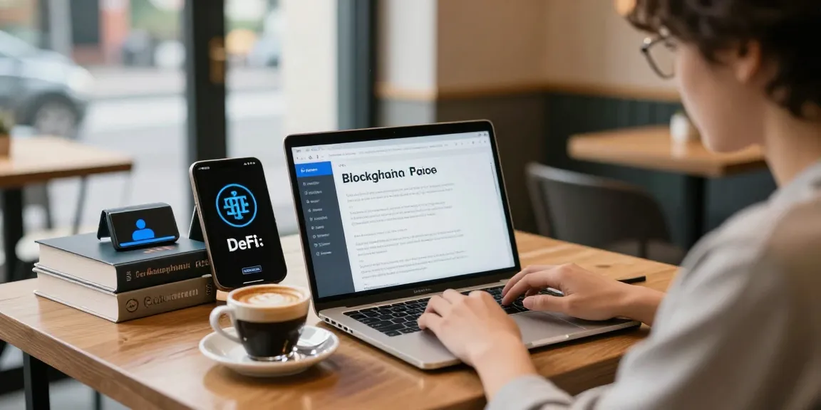 Edimakor Video Editor in einem modernen Kryptowährungs-Lernraum mit Blockchain-Diagrammen und Kaffeetasse.