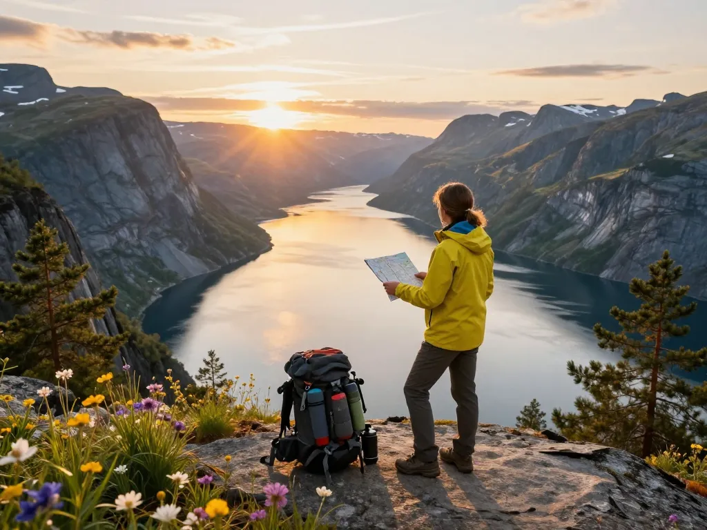 Beeindruckender Fjordblick in Norwegen mit einem Reisenden, der während seines Urlaubs in Skandinavien erkundet.