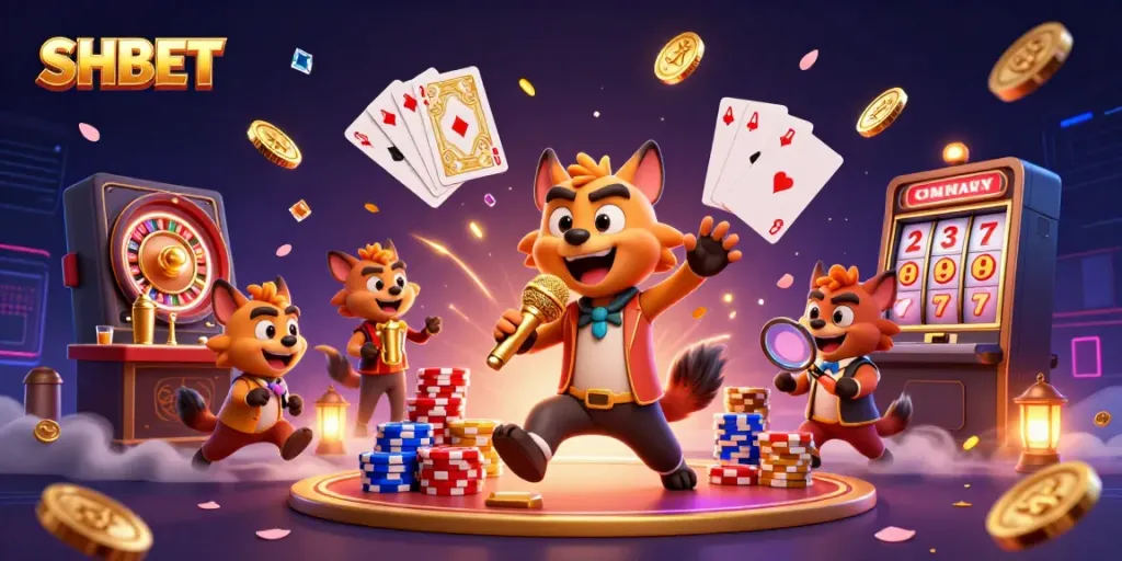 Experience the thrilling atmosphere at SHBET with cartoon hyenas in a casino, surrounded by exciting game elements.