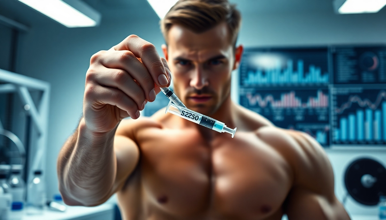 Sustanon 250 kaufen, ein Sportler analysiert eine Spritze in einem Fitnesslabor.