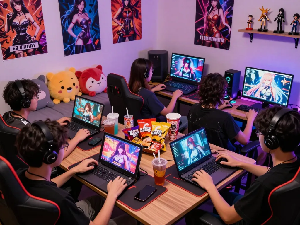 Enthusiasts engaged in playing sexgames on multiple devices in a vibrant gaming environment.