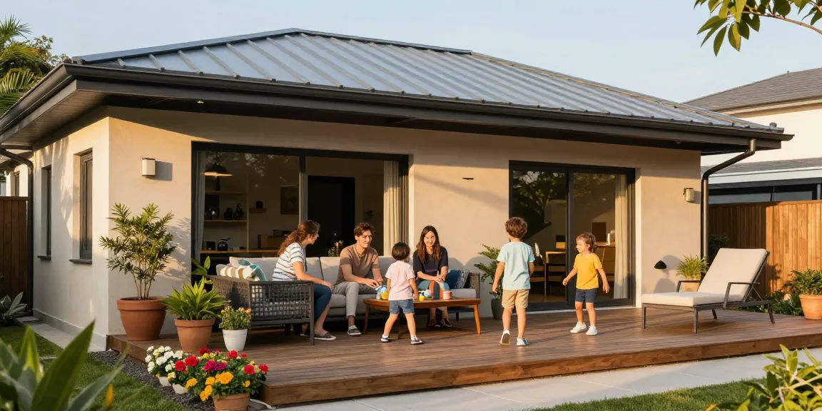 Terrassenüberdachungen aus Aluminium auf einer modernen Terrasse mit gemütlicher Familienatmosphäre.