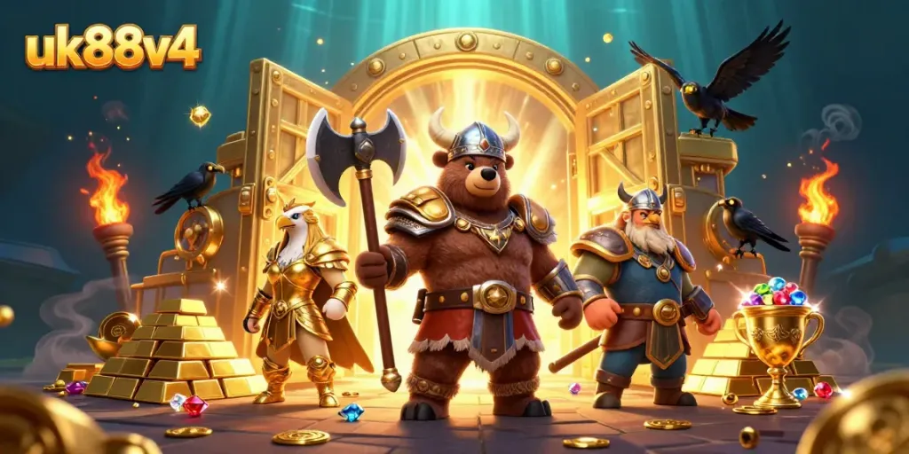 Experience thrilling wins with uk88v4's 3D Viking bear and Valkyrie in a vibrant casino scene