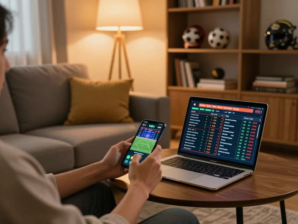 Person strategizing sports betting using the best AI detector in a comfortable home setting