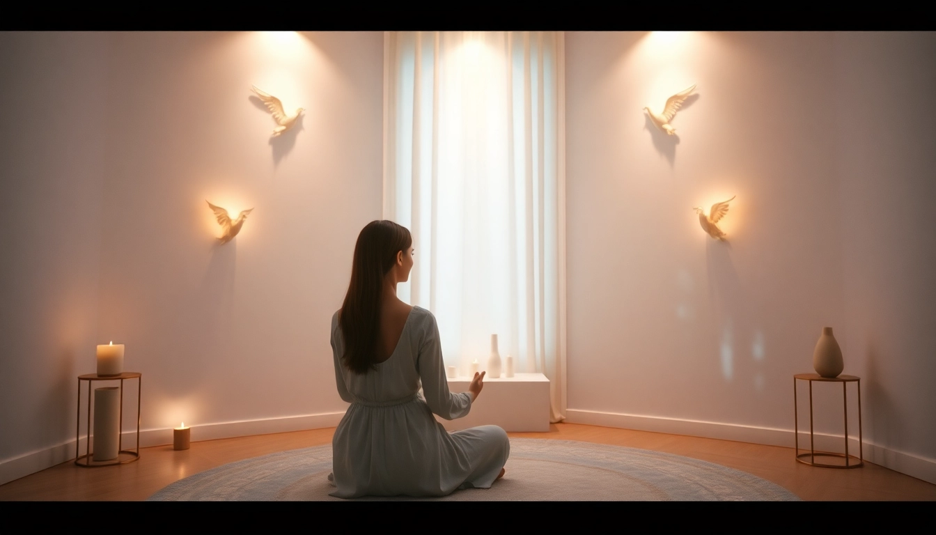 Engelarbeit lernen durch eine meditative Sitzung mit Engelsymbolen und sanfter Beleuchtung.