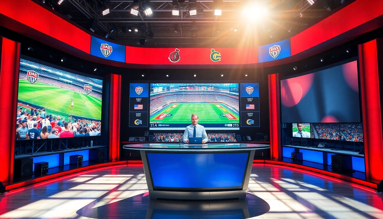 Engaging sports broadcasting studio with a sports anchor and vibrant live visuals.
