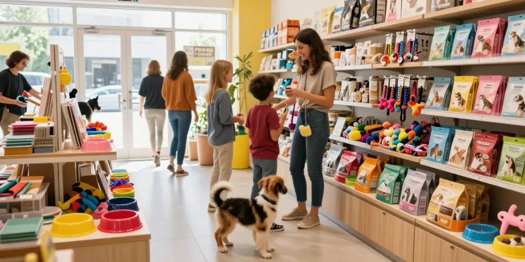 Zubehör für Haustiere im lebhaften Haustiergeschäft, Kunden wählen aus farbenfrohen Accessoires.