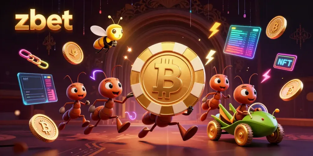 Experience an exciting zbet heist as ants carry a giant poker chip, surrounded by colorful crypto elements.