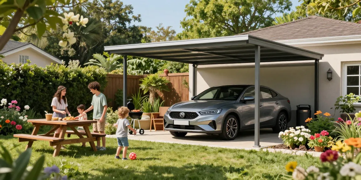 Moderner Carport schützt das Auto im Garten, während die Familie grillt.
