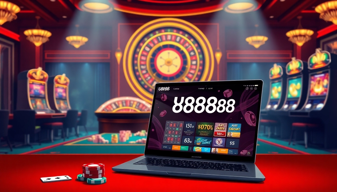 Engaging scene of U888 trang chủ online casino with vibrant gaming elements and luxurious atmosphere.