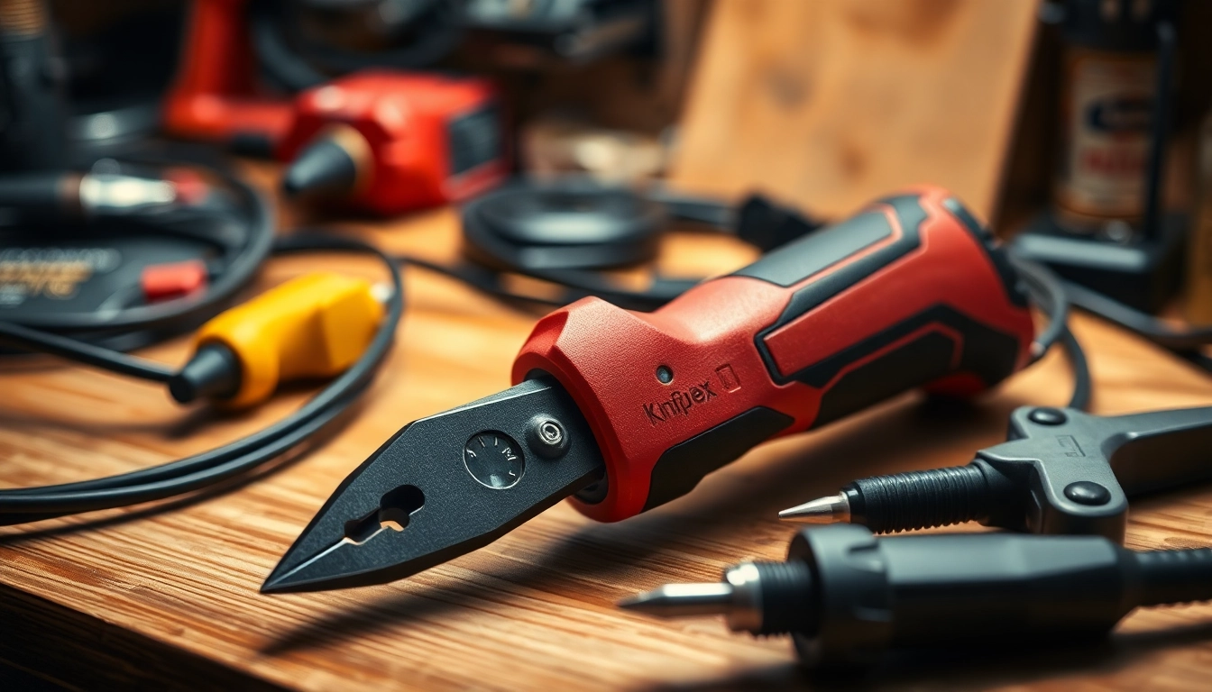 Knipex Kabelmesser schneidet präzise Kabel in einer Werkstatt.