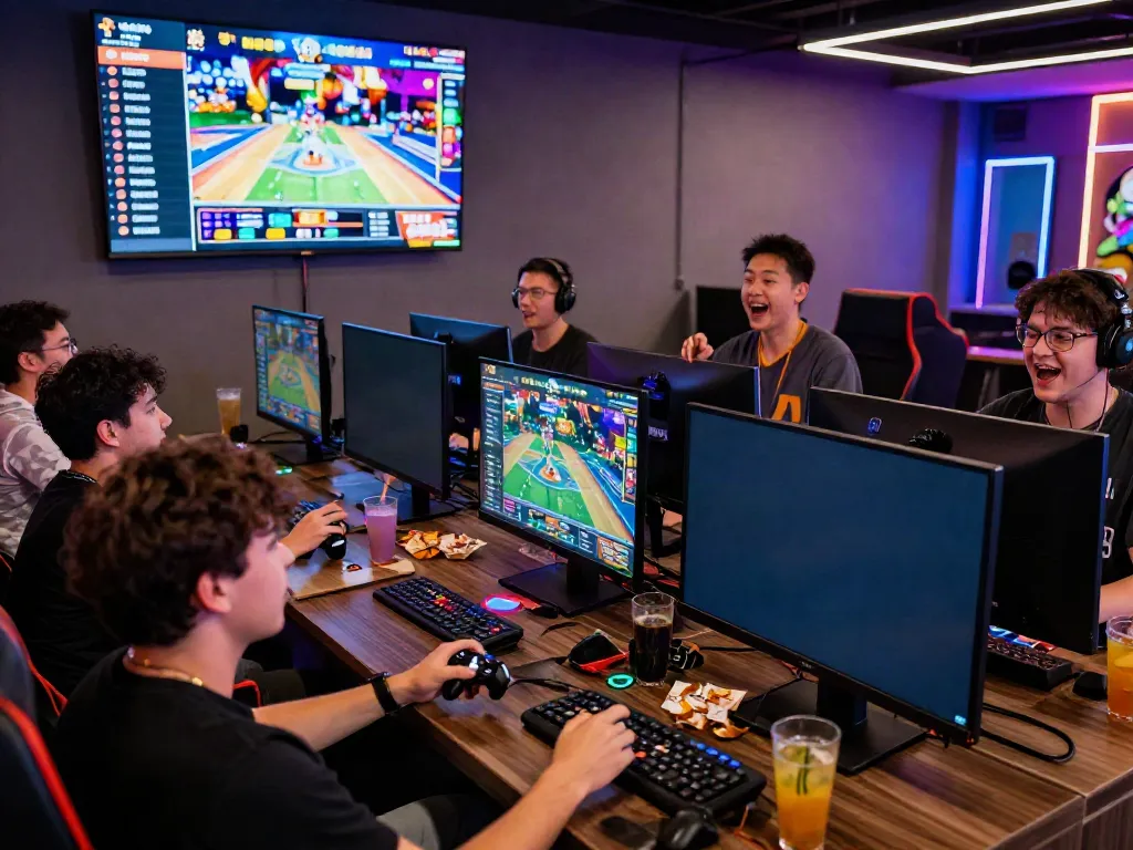 Excited friends playing casino games on the TA88 platform in a vibrant gaming lounge.