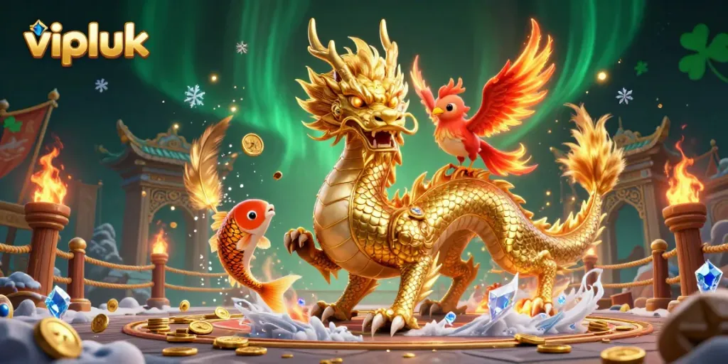 Engage with vipluck's thrilling casino games featuring a golden dragon, phoenix, and koi in dynamic art.