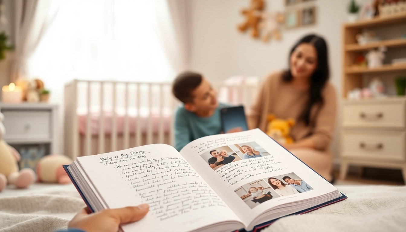 Baby Tagebuch zeigt liebevoll gestaltete Seiten mit Erinnerungen für die Familie.