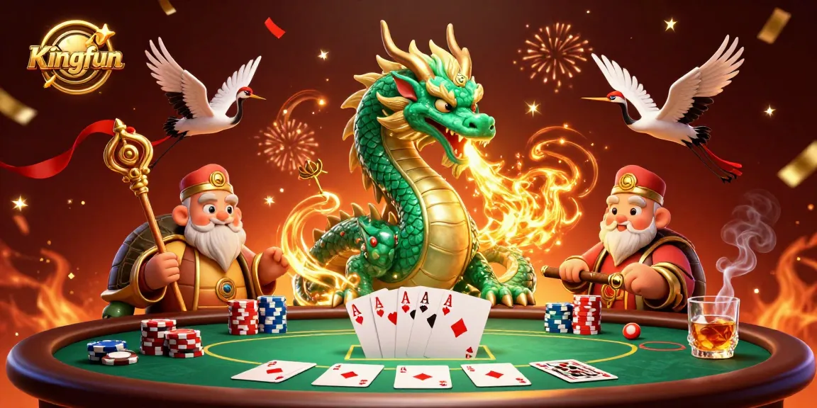Experience Kingfun with a mystical dragon, lucky cranes, and vibrant casino elements.