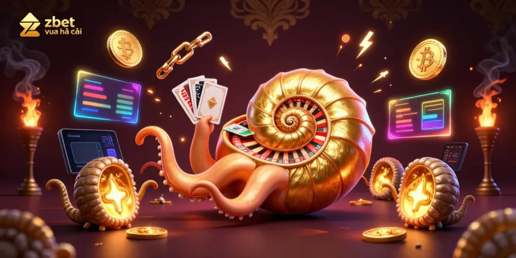 Engage with zbet vua nhà cái through an enticing 3D casino illustration featuring a giant nautilus and glowing ammonite companions.
