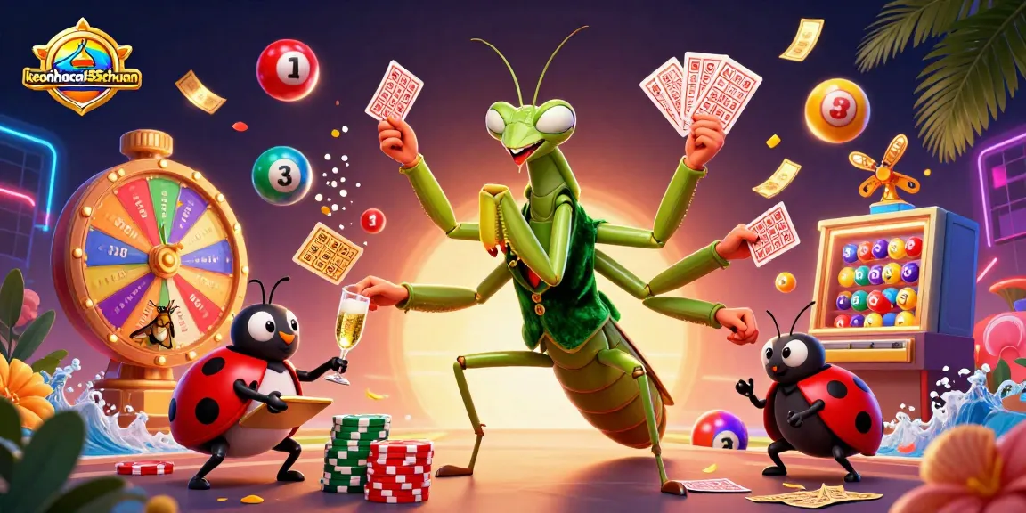 Engage with keonhacai55chuan in this vibrant casino scene featuring a giant mantis, ladybug pit boss, and lively game elements.
