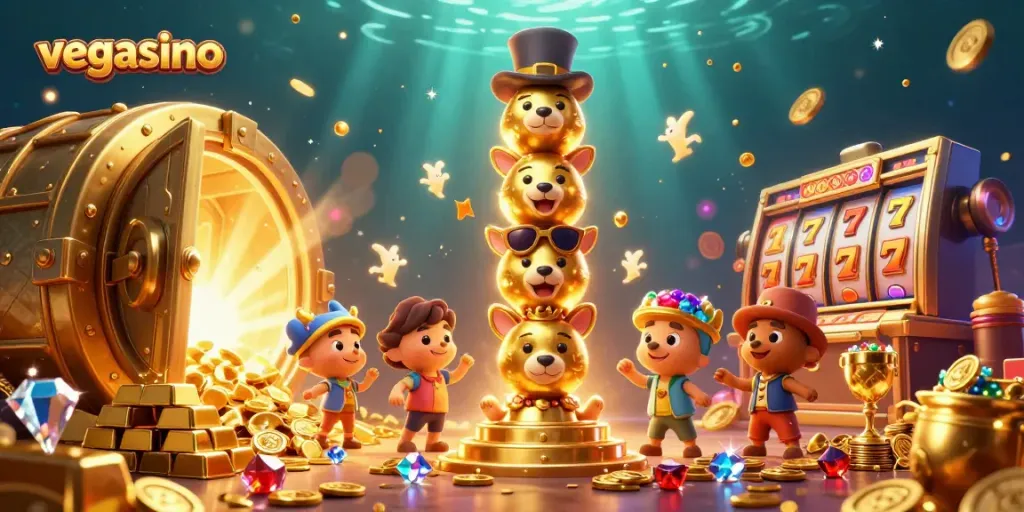 Spin the reels and win at vegasino with vibrant slot elements and a dynamic casino totem.