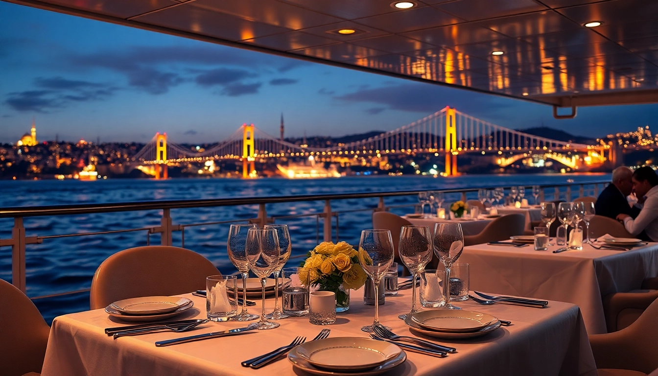 Bosphorus dinner cruise with elegant table settings and Istanbul skyline in the background.