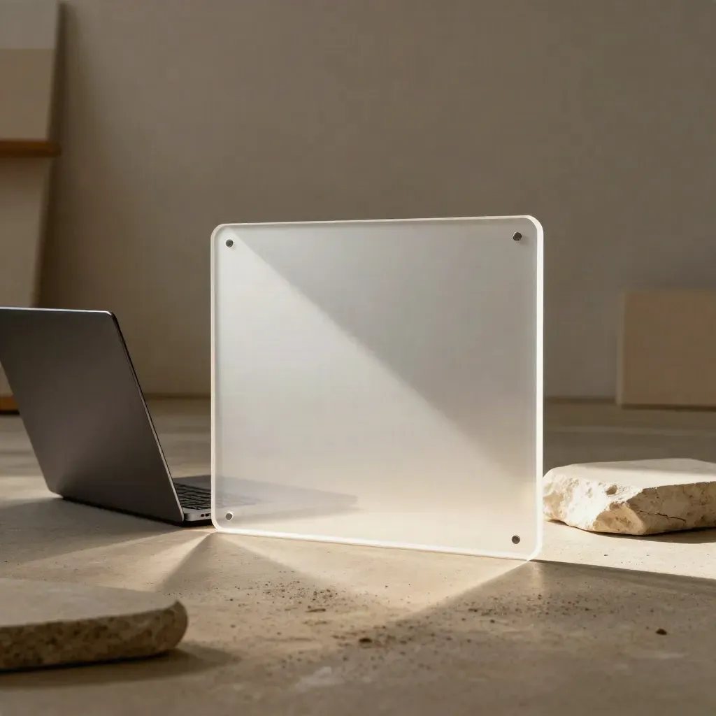 Acrylglas-Panels, geschlossenes Laptop und Lichtbox auf Steinplinthe im warmen Studiolicht.