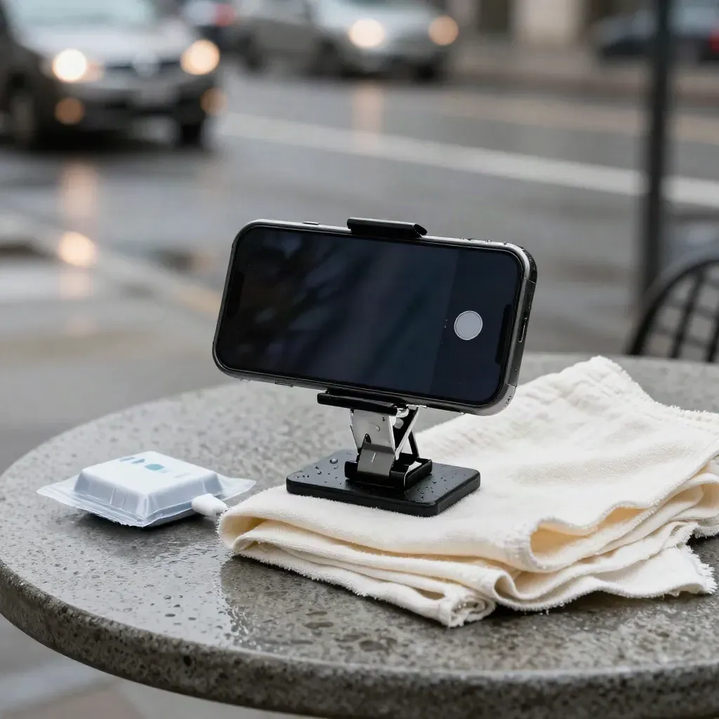 Nasses Smartphone-Rig mit Cliplicht, Tuch und Audio-Pack auf der Straße bei Regenreflexen.