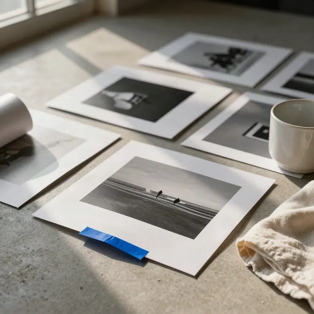 Fotoprints, Moodcards und eine Tasse auf Betonboden im warmen Studiolicht.