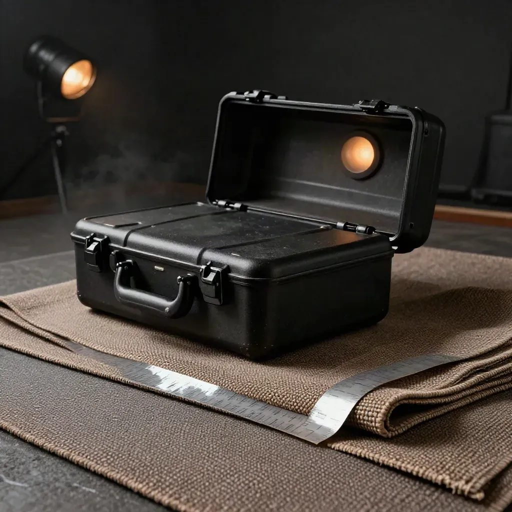 Dunkle Studiokulisse mit Equipmentkoffer, Sounddecke, Klebeband und Lampe im warmen Schatten.