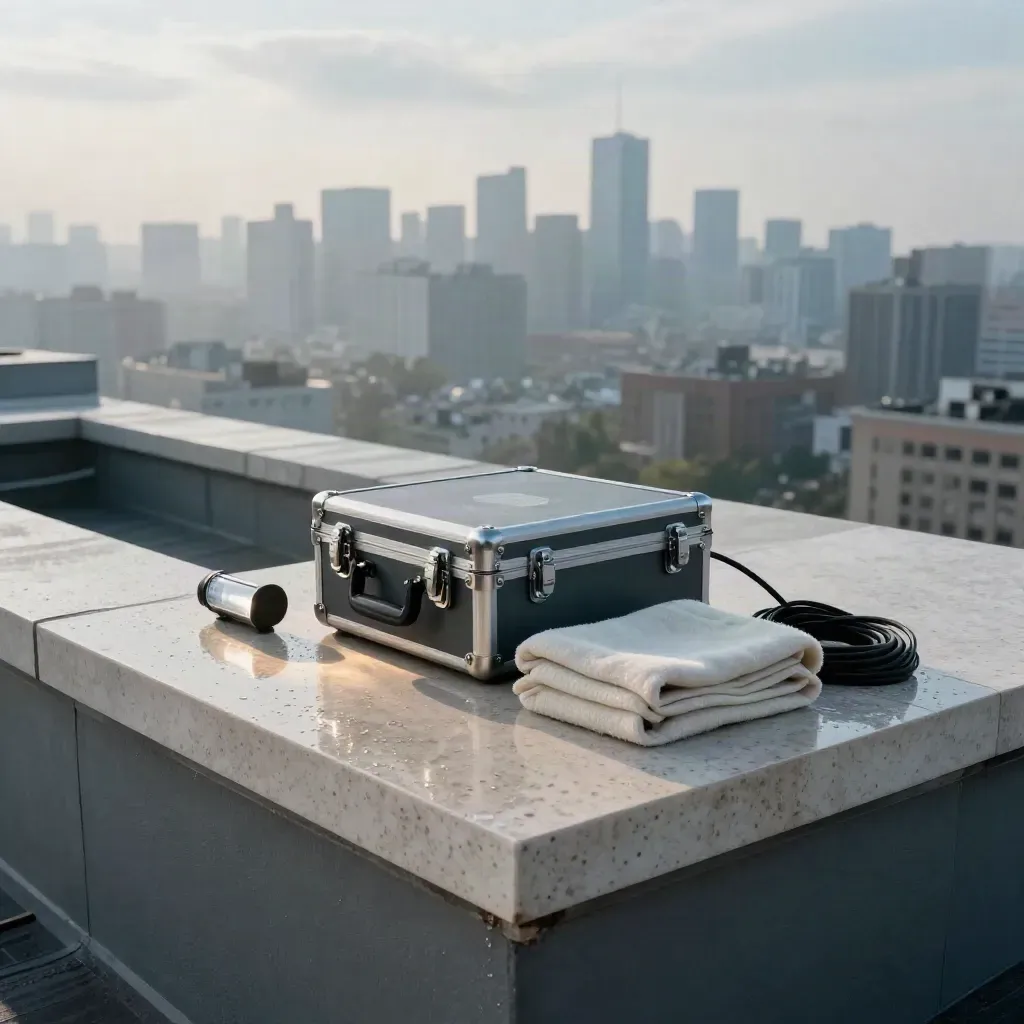 Rooftop-Launch-Setup bei Morgenlicht mit Gear-Case, Decke, Lichtrohr und Skyline.