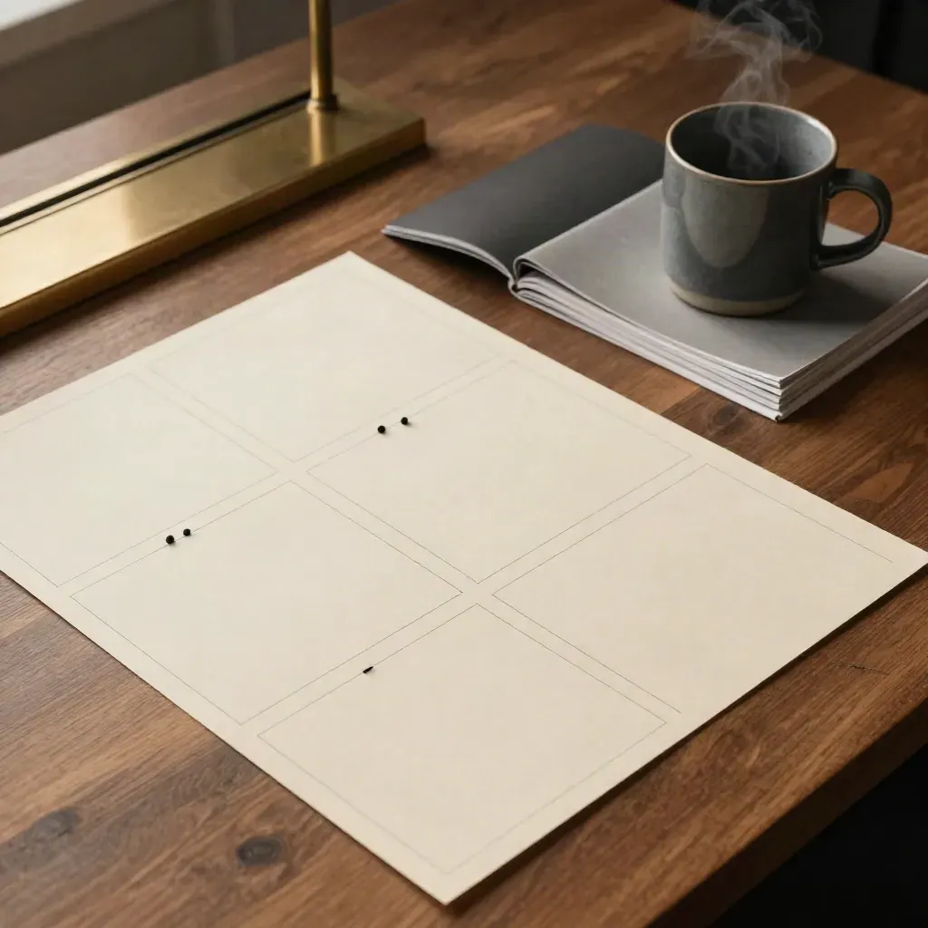 Überkopf-Briefingtisch mit Storyboard-Karten, Papierstapel, Tasse und Lampenlicht.