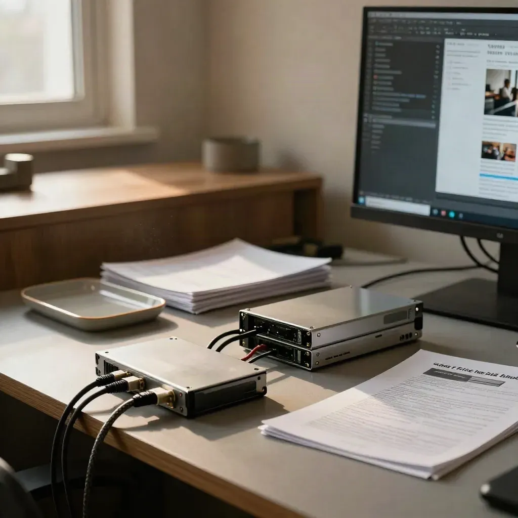 Warmer Agentur-Arbeitsplatz mit Export-Drives, Proofs und weichem Monitorleuchten im Abendlicht