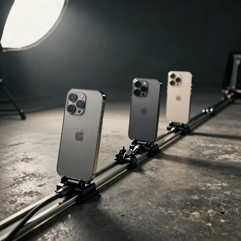 Drei Smartphones auf einer Schiene im dunklen Studio mit Clip-Lichtern und leichter Haze.