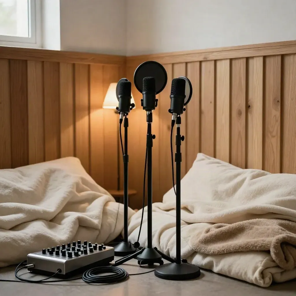 Podcast-Mikrofone und Akustikdecken in einem warmen Aufnahmeraum mit Holz und Lampe