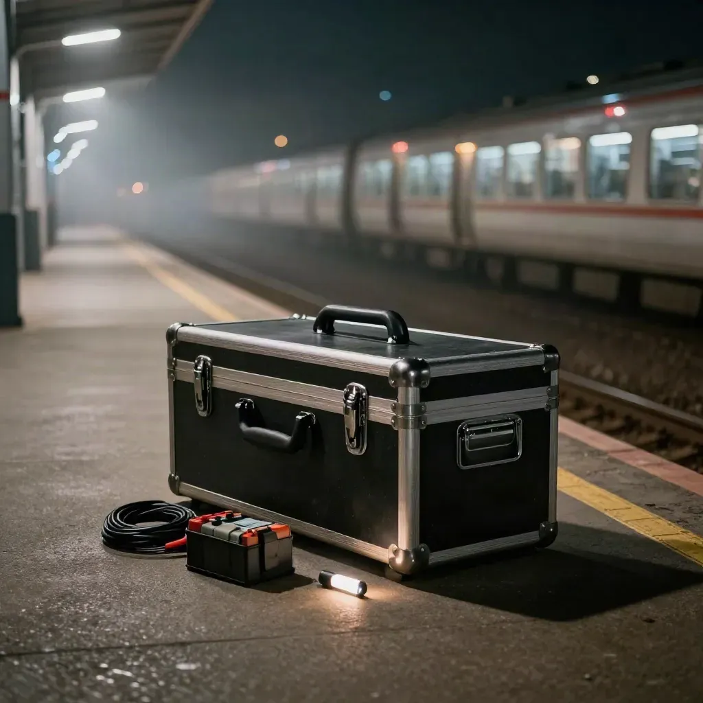 Reisekoffer und Produktionskit am Bahnsteig im Nachtnebel, Lichter in der Ferne.