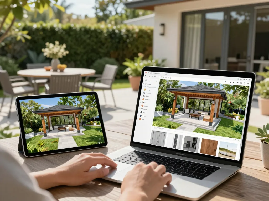 Designer konfiguriert einen Veranda 3D Konfigurator in einer Außenszenerie mit Augmented Reality Visualisierung.