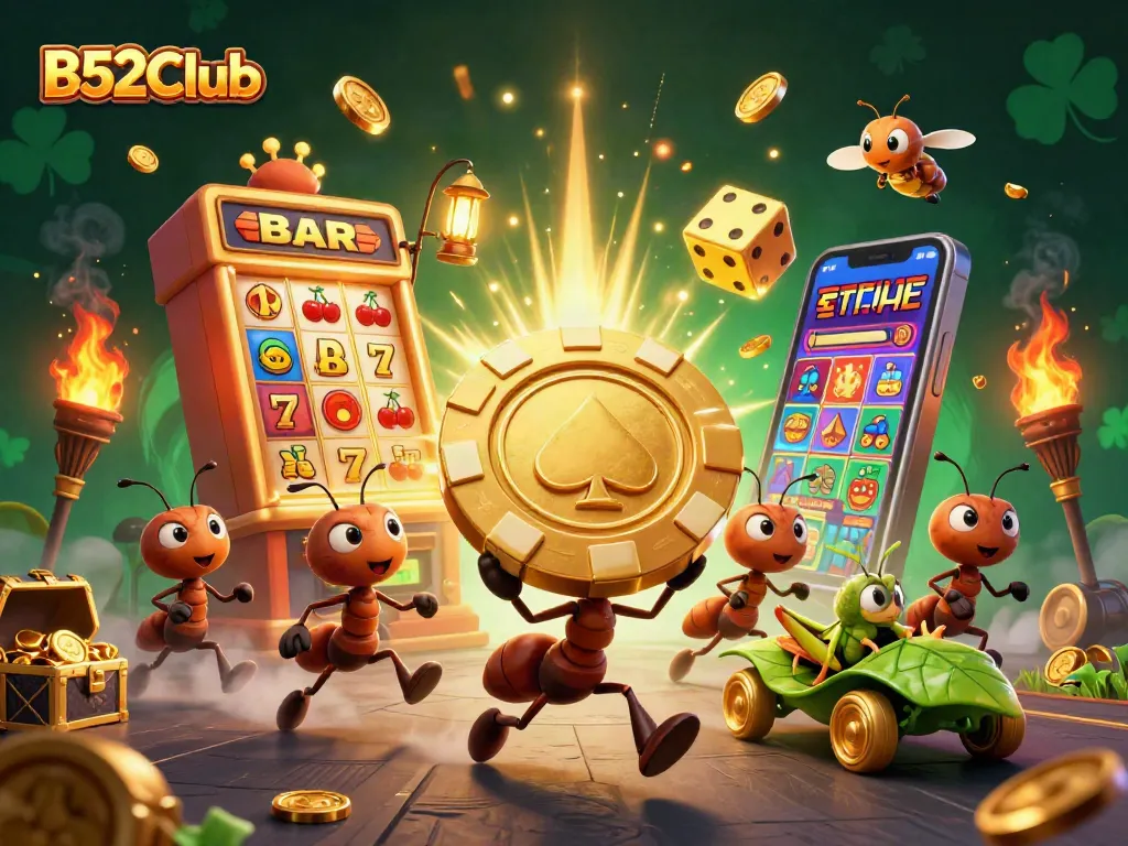 B52Club heist scene with ants, golden poker chip, along with dynamic slot machine and casino elements