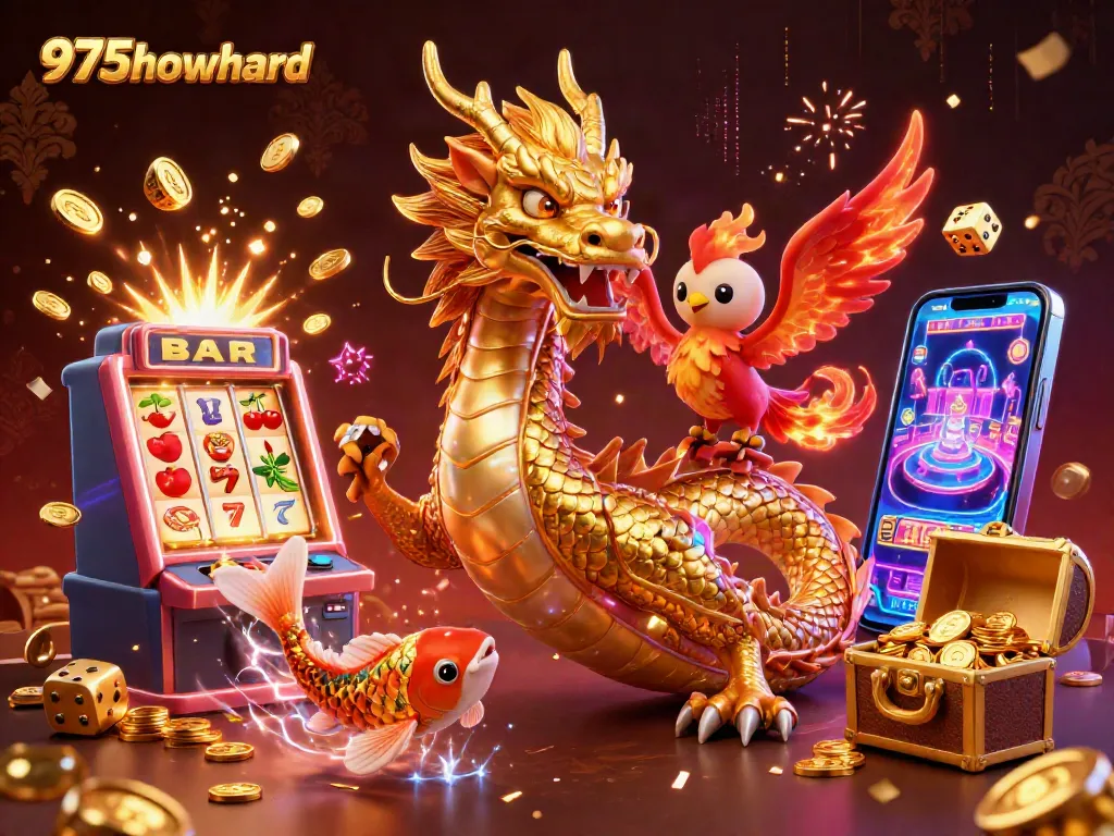 Engage in the thrills of gaming with 975howard, depicted by a dynamic casino scene featuring a powerful dragon and lucky icons.
