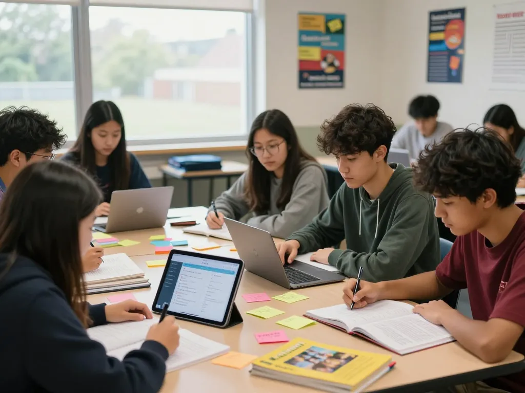 Schüler nutzen Hausaufgaben KI-Tools zur kollaborativen Unterstützung bei den Hausaufgaben in einem hellen Lernraum.